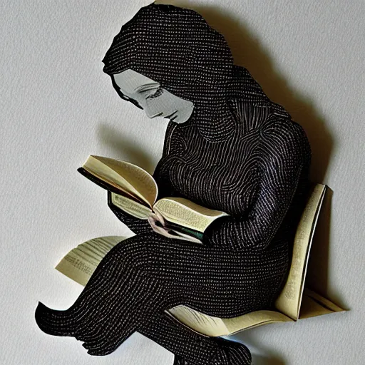 Prompt: cut paper sculpture of belle, reading a book