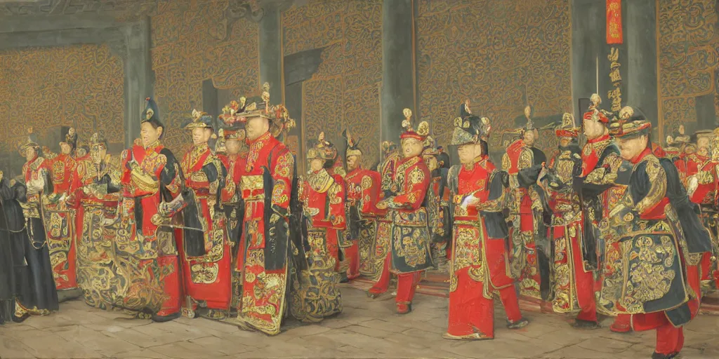 Image similar to Highly detailed and cinematic romantic period oil painting of Imperial Chinese palace guards bowing to the Chinese emperor, strong atmosphere, oil painting masterpiece by Josep Tapiró Baró, symmetry, fractals