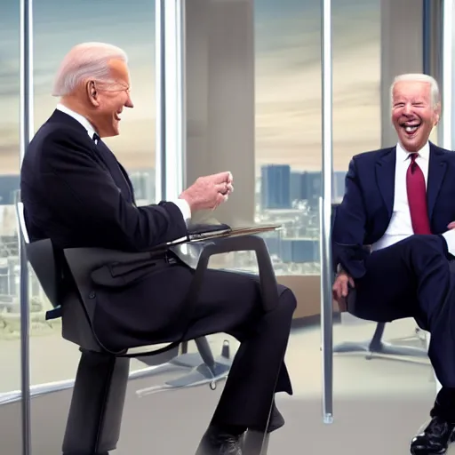 Image similar to stock photo of kim kardashian, and joe biden wearing suits and ties laughing in an office building, 8k resolution, full HD, cinematic lighting, award winning, anatomically correct