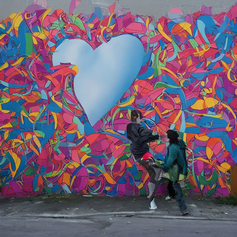 Prompt: love mural by basquit, hyperrealistic,