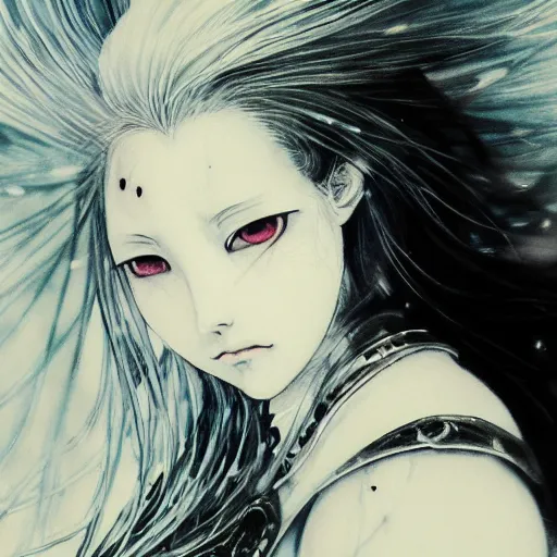 Image similar to Yoshitaka Amano blurred and dreamy illustration of an anime girl with pirate eye patch, wavy white hair and cracks on her face wearing Elden ring armour with the cape fluttering in the wind, abstract black and white patterns on the background, noisy film grain effect, highly detailed, Renaissance oil painting, weird portrait angle