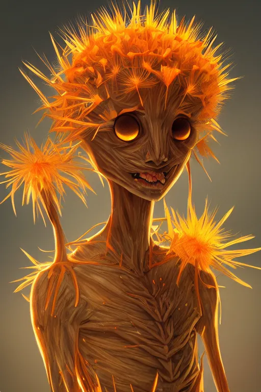 Image similar to a humanoid figure dandelion plant monster, orange eyes, highly detailed, digital art, sharp focus, ambient orange lighting, trending on art station, anime art style