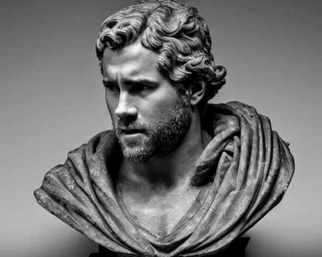 Prompt: a high quality photograph ryan reynolds as a roman marble bust. cinematic lighting.