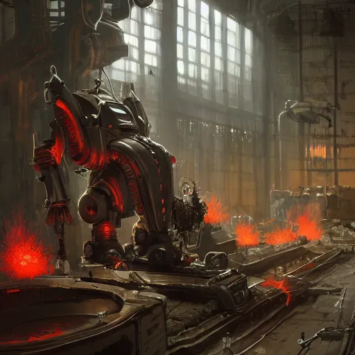 Image similar to adeptus mechanicus techpriest at a forge, by cedric peyravernay and feng zhu, highly detailed, excellent composition, cinematic concept art, dramatic lighting, trending on artstation