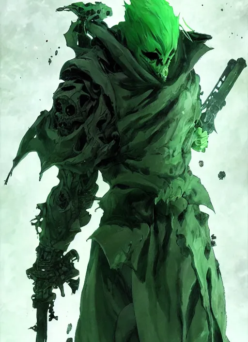 Prompt: Reaper, rotting commander of the undead in soiled green hooded robe. In style of Yoji Shinkawa and Hyung-tae Kim, trending on ArtStation, dark fantasy, great composition, concept art, highly detailed, dynamic pose.