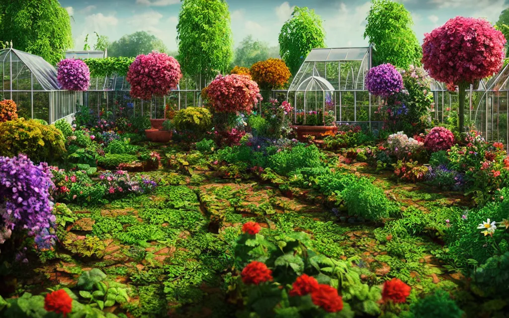 Image similar to a sprawling garden with many flowers and vines, greenhouse!, pathways, sunny day, beautiful lighting, vivid colors!, highly detailed, cinematic, octane render, 4 k, trending on artstation, deviantart featured