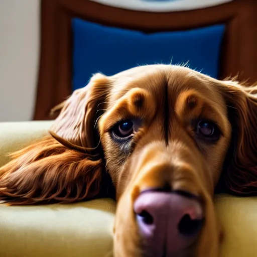 Prompt: a cute spaniel, Labrador and golden retriever spread out on a plush blue sofa. Award winning photograph, soft focus, depth of field, rule of thirds, national geographic, golden hour, framed