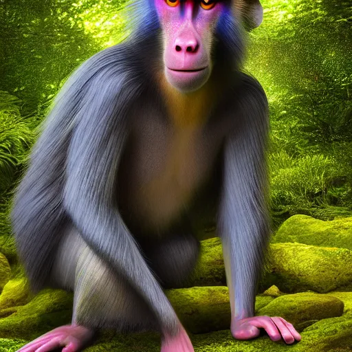 Image similar to iridescent rainbow colored baboon in a forest hyper realistic octane render detailed