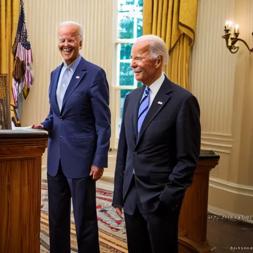 Image similar to A photo of joe biden teams up with a teenage joe biden, perfect faces, 50 mm, award winning photography