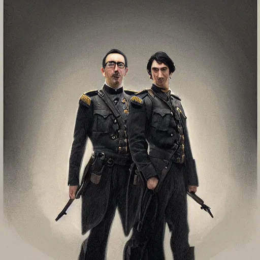 Prompt: portrait of both john oliver and adam driver standing together looking stoic, full body, military uniform, fantasy, intricate, elegant, beautiful, highly detailed, charcoal, centered, dark, smokey, digital painting, artstation, concept art, smooth, sharp focus, illustration, art by artgerm and greg rutkowski and alphonse mucha