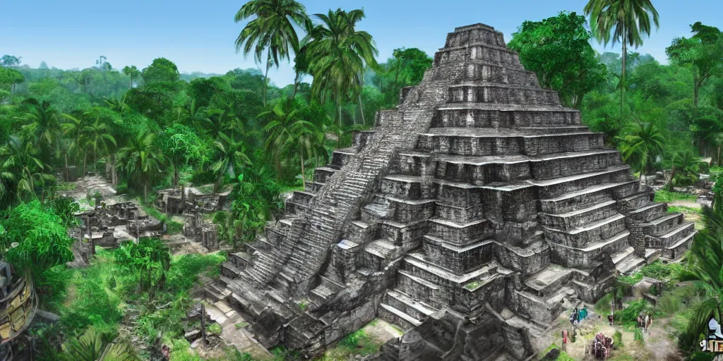 Image similar to mayan city of tikal if it was a game like grand theft auto v first person view, with realistic visuals and award winning gameplay, graffiti