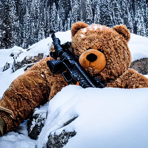 Image similar to cinematic shot of a teddy bear as a special forces soldier holding a sniper rifle in a snowy mountain range, 8 k, depth of field, very detailed,