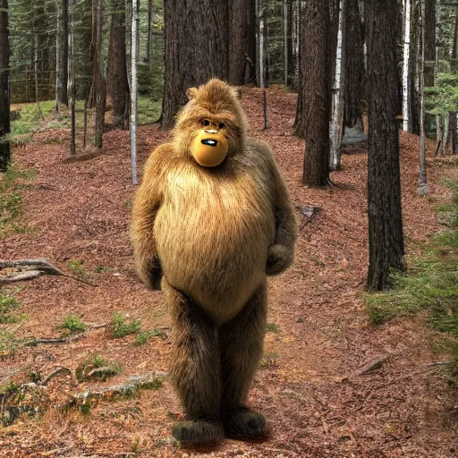 Prompt: photo of sasquatch bigfoot that looks like Winnie the Pooh