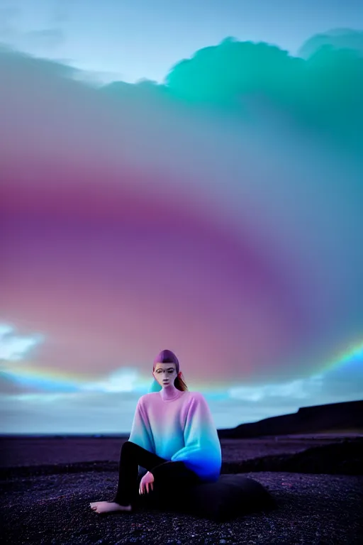 Image similar to high quality pastel coloured film close up wide angle photograph of a model wearing clothing resting on cloud furniture in a icelandic black rock!! environment in a partially haze filled dreamstate world. three point light, rainbow. photographic production. art directed. pastel colours. volumetric clouds. pastel gradient overlay. waves glitch artefacts. extreme facial clarity. 8 k. filmic.