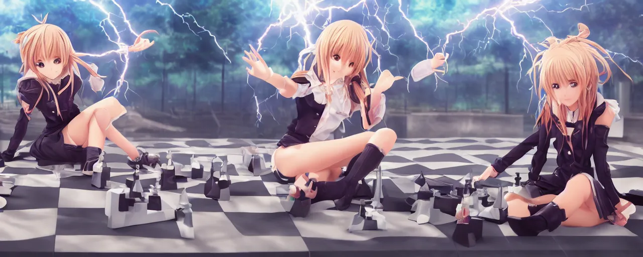 Image similar to an anime girl sitting on giant chessboard and using lightning magic, draw by belko, unreal rendering, 8 k uhd