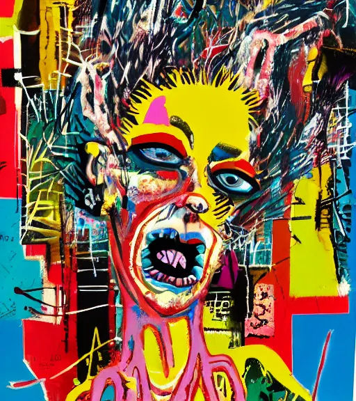 Prompt: acrylic painting of a bizarre psychedelic angry woman in japan in summertime, mixed media collage by basquiat and jackson pollock, maximalist magazine collage art, retro psychedelic illustration