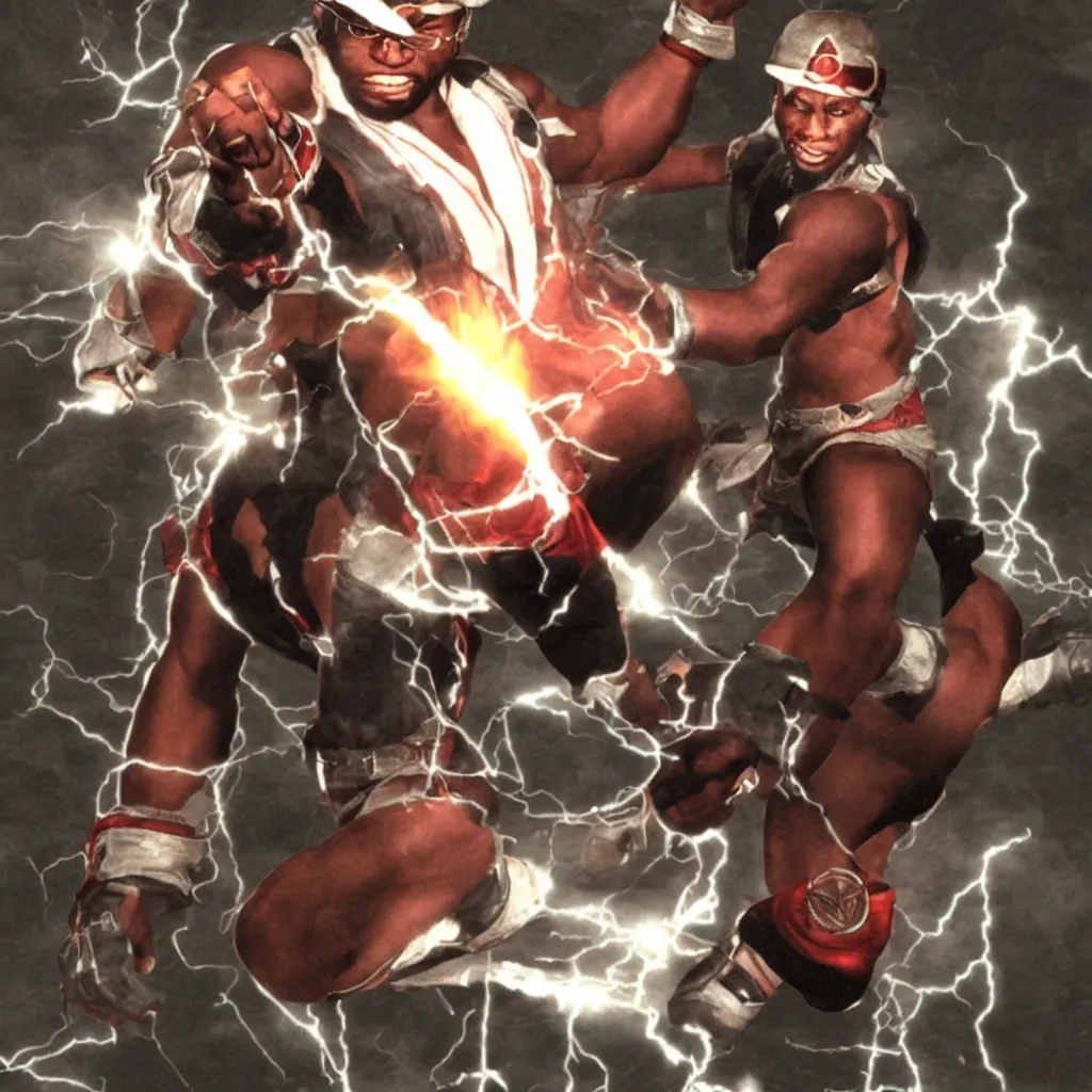 Prompt: Curtis Mayfield as a Tekken character (2002). Lightning in the background