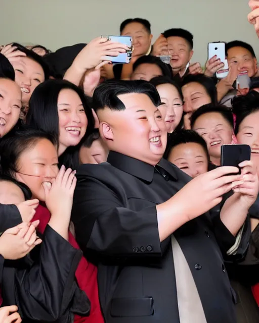 Image similar to phone photo of excited fans taking picture with Kim Jong-Un at a exclusive backstage meet and greet, realistic, 4k, 8k