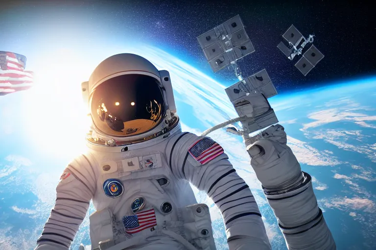 Image similar to astronaut in space wearing a spacesuit floating, international space station in background, highly detailed, photorealistic portrait, bright studio setting, studio lighting, crisp quality and light reflections, unreal engine 5 quality render