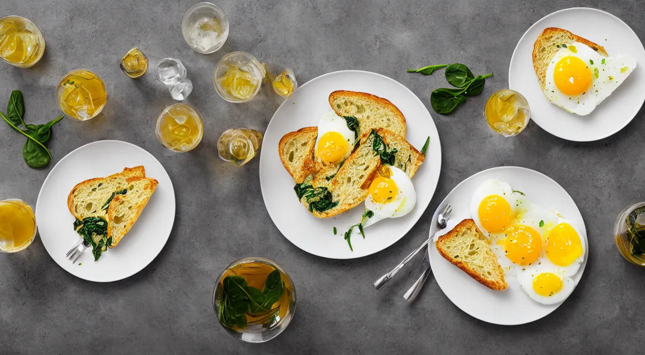 Prompt: white ceramic plate, garlic bread, spinach garnishing, egg yolks on top, ice tea in glass, food, photograph, breakfast, photorealistic, 4k, top down shot