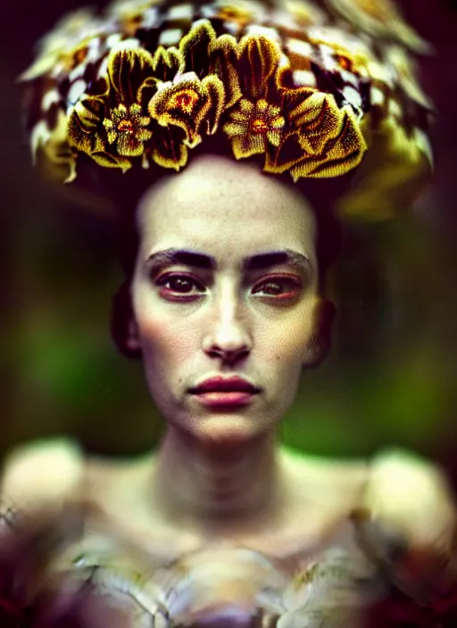 Image similar to kodak portra 4 0 0 double exposure portrait of a beautiful woman in style of antoine d'agata, dressed an ornamental intricate detailed flowers, 1 5 0 mm lens, elegant, highly detailed, sharp focus,, octane render, ethereal, out worldly colours, emotionally evoking, head in focus, soft blur light dreamy, volumetric lighting unreal engine, epic fantasy