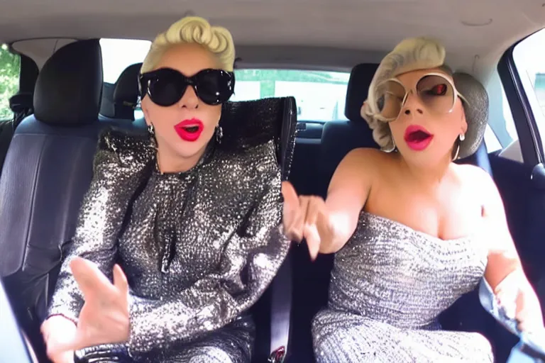 Image similar to lady gaga and judy garland carpool karaoke, highly realistic, highly detailed, high resolution, 8 k 4 k,