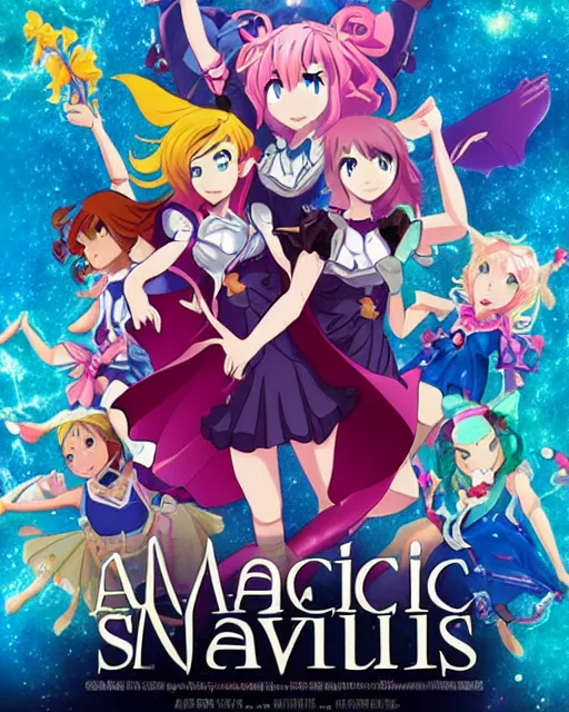 Prompt: a movie about a group of magical girls saving the world, movie poster, anime art