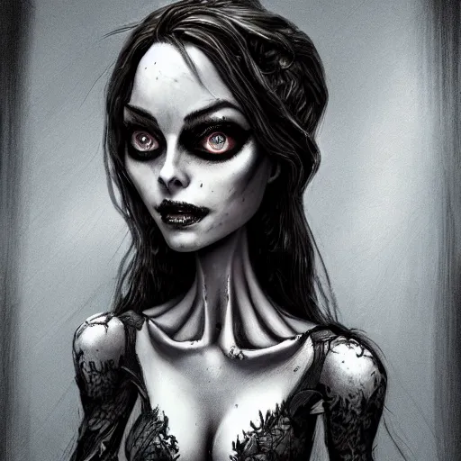 Image similar to michael karcz grunge drawing of margot robbie. , in the style of corpse bride, loony toons style, horror themed, detailed, elegant, intricate, trending on artstation, 4k