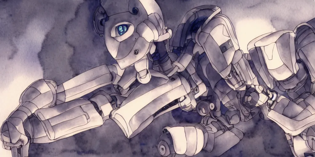 Image similar to watercolour painting of a broken robot repairing its own arm, anime, pencil lines, light watercolour, pale sky, beautiful artwork, anime screenshot, akihabara