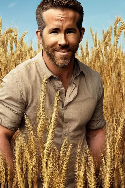 Image similar to ryan reynolds with hair of wheat field, photorealistic