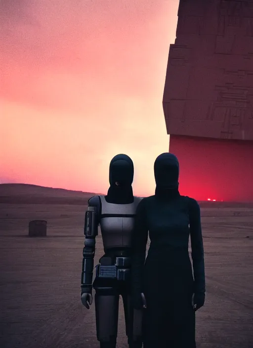 Image similar to cinestill 5 0 d photographic portrait of two loving female androids wearing rugged black techwear on a desolate plain with a brutalist monument and a red sky, extreme closeup, cyberpunk style, dust storm, 8 k, hd, high resolution, 3 5 mm, f / 3 2, ultra realistic faces, ex machina