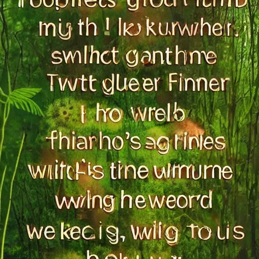 Prompt: help me look for the bugs and worms mushrooms and ferns in disguise wait for the sun to return collect the fireflies swim in summer pools chart the stars and sing the rhymes run the woods like wolves be alive walking next to you a mirror made of time hold my hand let's learn about the world