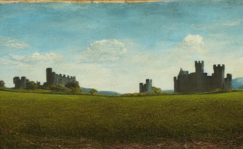Prompt: A field of green grass with a castle in the distance, medieval, celtic, ancient
