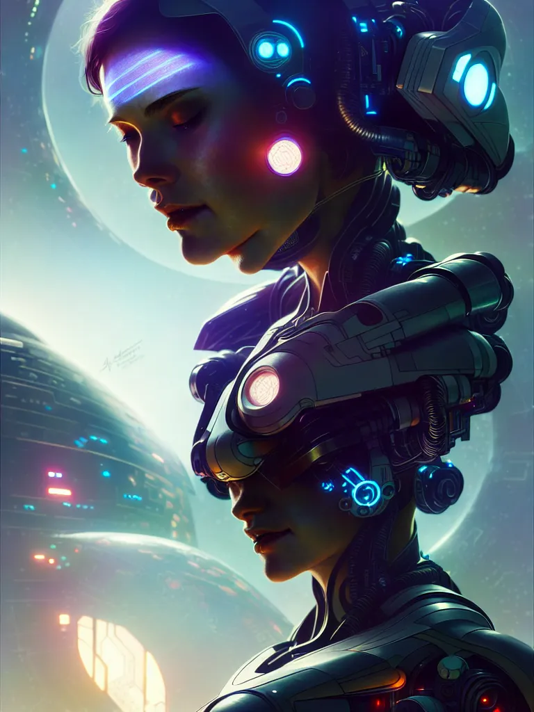 Prompt: ultra realistic, beautiful female cyborg in a space metropolis, sci-fi, cyberpunk, concept art, intricate details, eerie, highly detailed, octane render, 8k, , art by artgerm and greg rutkowski and alphonse mucha