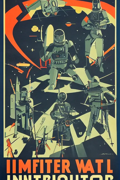 Image similar to poster of intergalactic war, 1 9 5 0 s style, futuristic design, dark, symmetrical, washed out color, centered, art deco, 1 9 5 0's futuristic, glowing highlights, intense