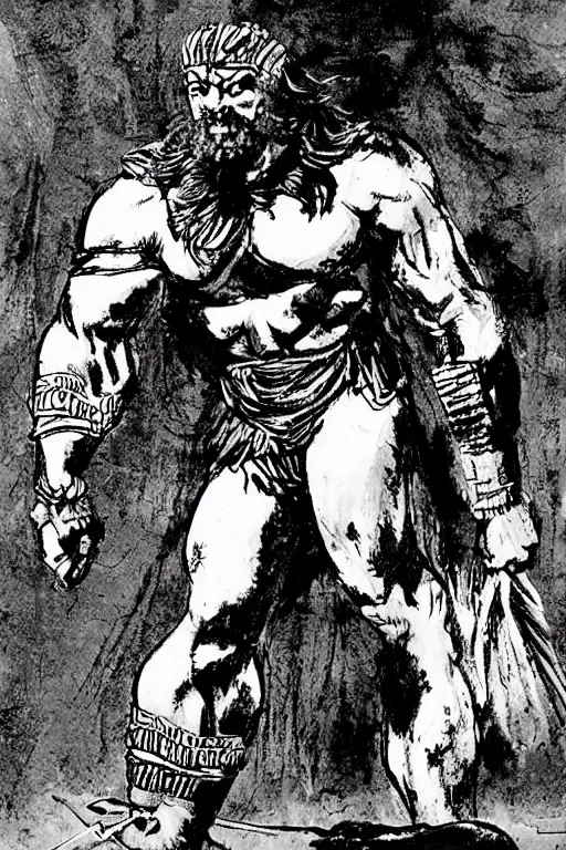 Image similar to ancient historically accurate depiction of the Bible Character Goliath of Gath, the Philistine warrior giant by frank miller