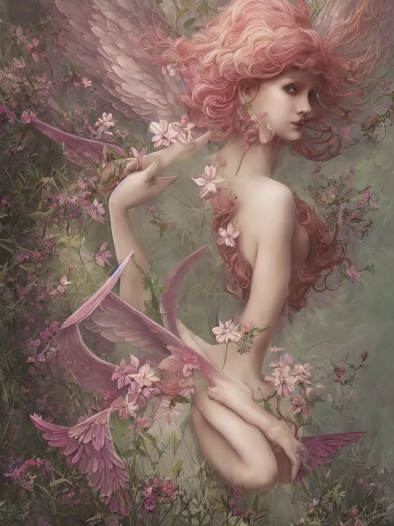 Image similar to symmetry!! a pink beautiful fairy with large wings and flowing hair is exploring her flower garden, style of tom bagshaw, extremely detailed, muted colors, negative space