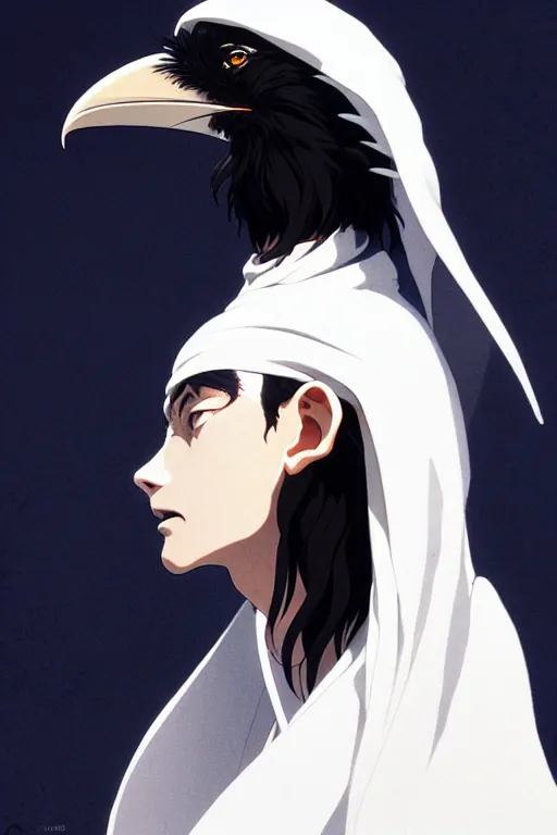 Image similar to raven headed warlock doing magic spells wind, white robes, finely detailed perfect face, exquisite details, mid view, design on a white background, by studio muti, greg rutkowski makoto shinkai takashi takeuchi studio ghibli