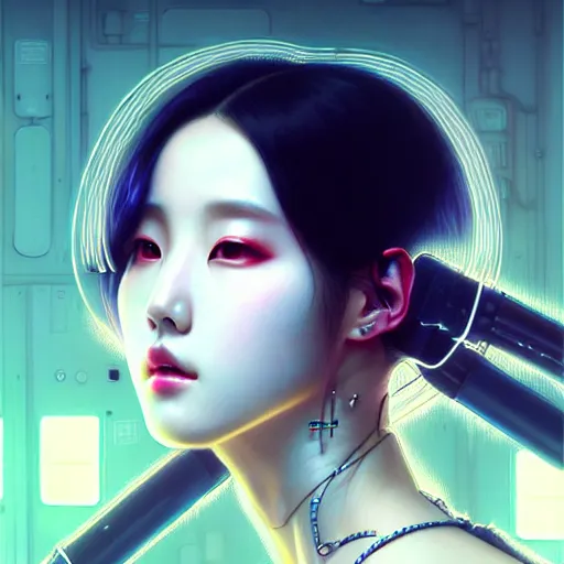 Prompt: portrait painting of kpop artist sunmi as a cyberpunk technician, ultra realistic, concept art, intricate details, eerie, highly detailed, photorealistic, octane render, 8 k, unreal engine. art by artgerm and greg rutkowski and magali villeneuve and alphonse mucha