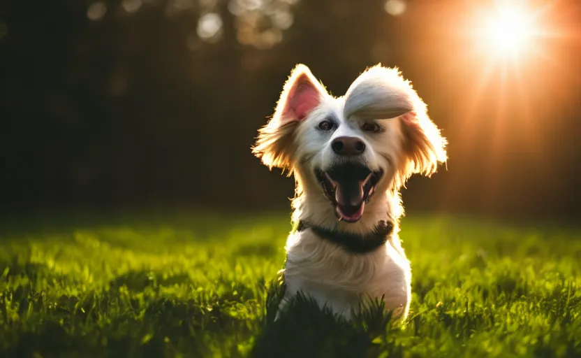 Image similar to portrait of a happy dog, natural light, lens flare