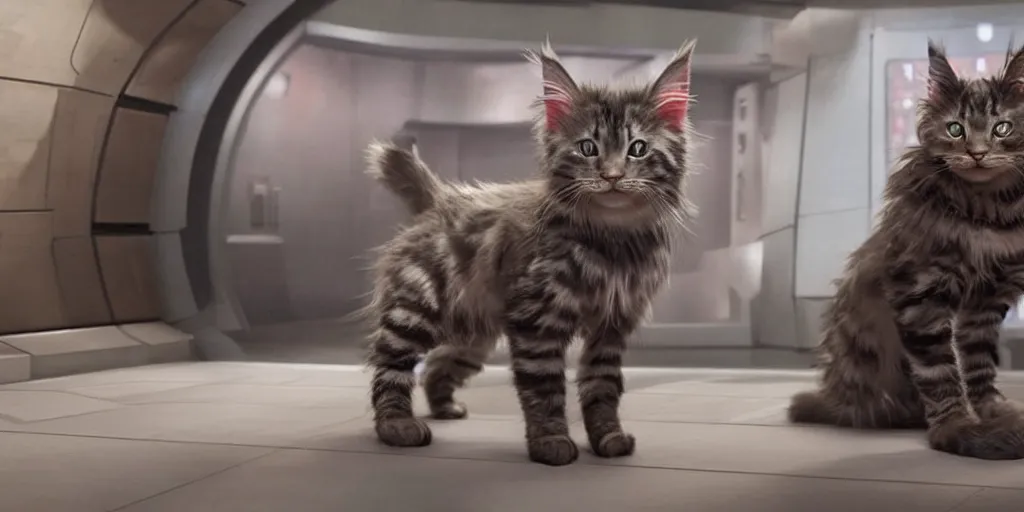 Image similar to a 3 d rendered movie still a robot resembling a maine coon kitten has become a cat scanner. a cat scan. science fiction blockbuster movie from the future, imax 7 0 mm. the mandalorian ( american space western television series )