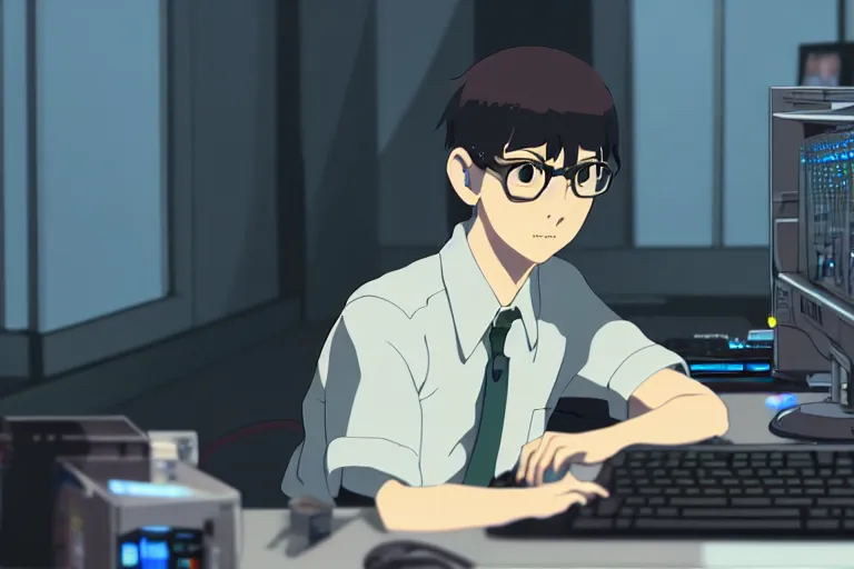 Prompt: a nerdy boy is programming at a computer in a room full of gadgets, very detailed face, by makoto shinkai and ghibli studio, dramatic lighting, highly detailed, incredible quality, trending on artstation