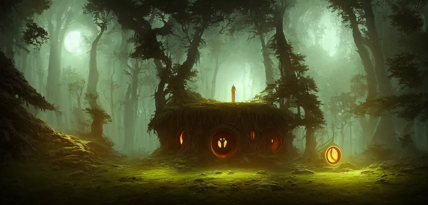 Image similar to random scary forest house landscape, round glowing portal, incredible, vector art, octane render, fabulous, hyper detailed, random cinematic view, no noise, global illumination, warm lighting, volumetric, godrays, vivid, beautiful, by jordan grimmer