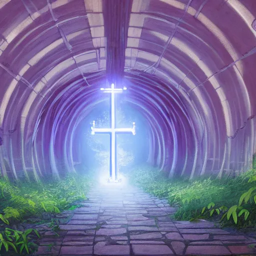 Image similar to a christian cross as the light at the end of the tunnel, with pale purple and pale pink lighting, cute, aesthetic, anime, with a few vines and overgrowth, studio ghibli, cinematic, painting, high definition, digital art, symmetrical, very detailed, extremely high detail, photo realistic, concept art, unreal engine 5,