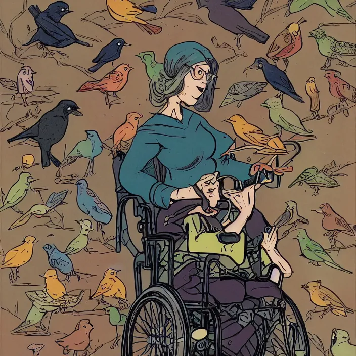 Image similar to a nerdy woman in a wheelchair, surrounded by birds, a full color illustration by mike mignola