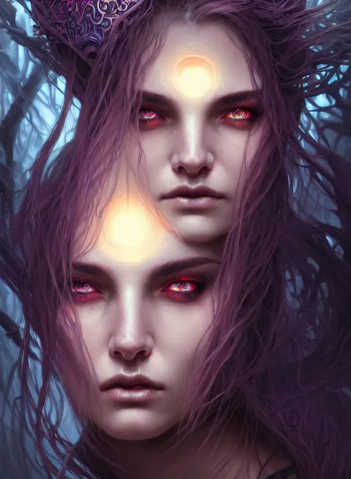 Image similar to Necromancer Sorceress face close-up macro in center, fantasy magic, undercut hairstyle, dark light night, intricate, elegant, sharp focus, illustration, highly detailed, digital painting, concept art, matte, art by WLOP and Artgerm and Greg Rutkowski and Alphonse Mucha, masterpiece