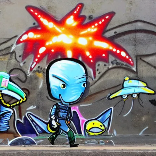 Prompt: friendly alien with starship, graffiti, from a distance, people walking in front, detailed, realistic