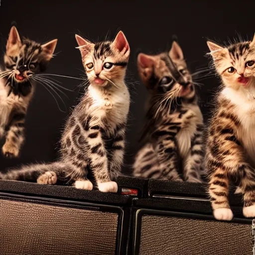 Image similar to an amazing award winning photo of kittens playing in a band on stage, very detailed and sharp, 4k hdr, masterpiece