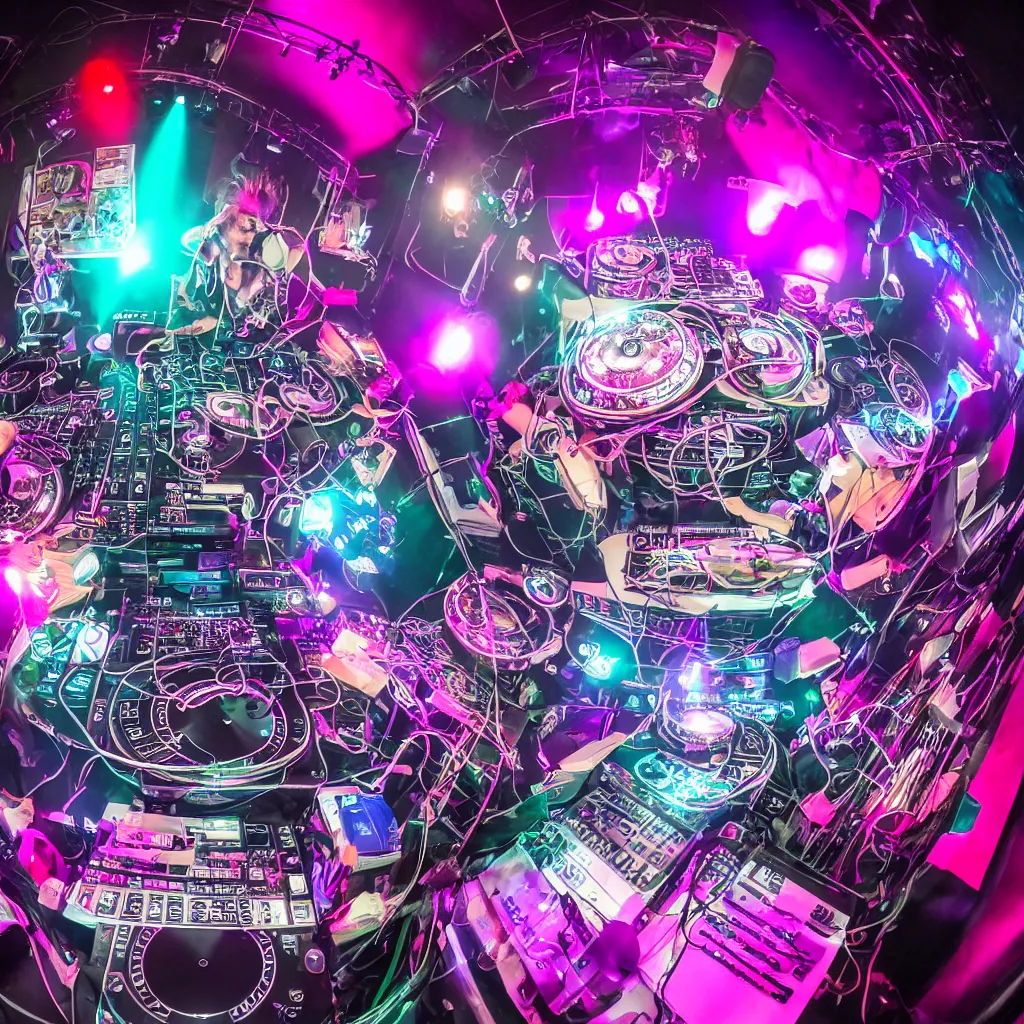 Image similar to award winning photo of an octopus! as a dj with tentacles! simultaneously placed turntables cdjs and knobs of a pioneer dj mixer. sharp, blue and fuschia colorful lighting, in front of a large crowd, studio, medium format, 8 k detail, volumetric lighting, wide angle, at an outdoor psytrance festival main stage at night