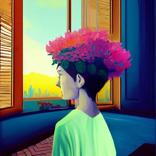 Prompt: portrait, giant flower as head, woman next to modern windows, luxury apartment, surreal photography, dramatic light, impressionist painting, digital painting, artstation, james gilleard